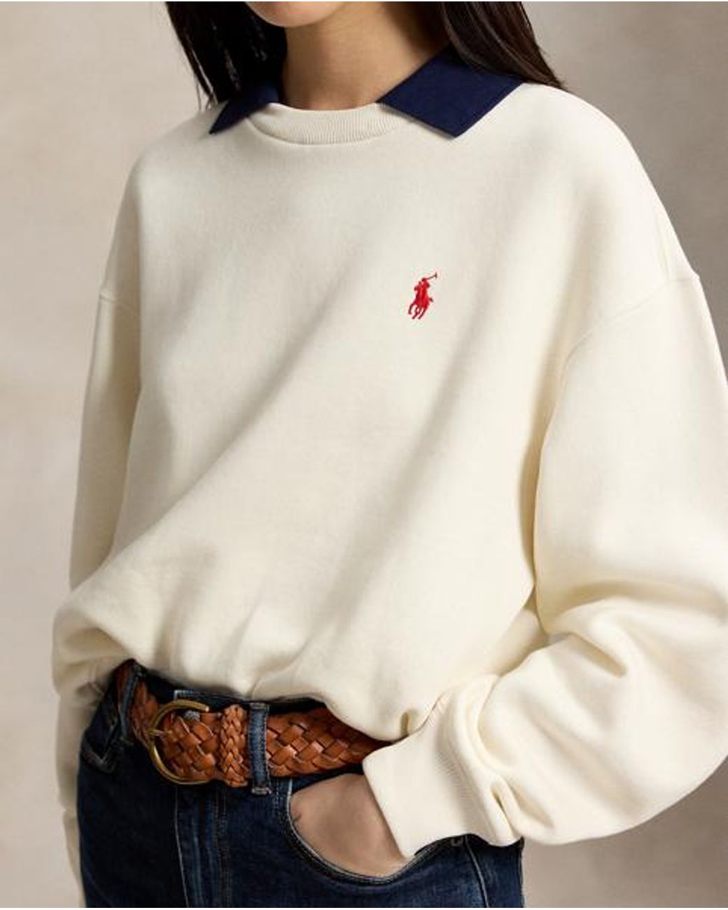 Polo Ralph Lauren White Polo-Collar Fleece Crewneck