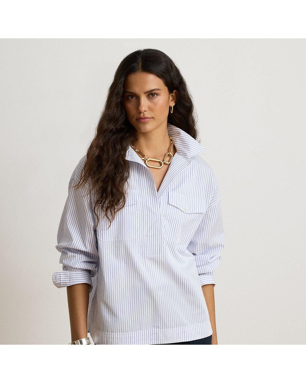 Ralph Lauren White Striped Cotton Broadcloth Shirt