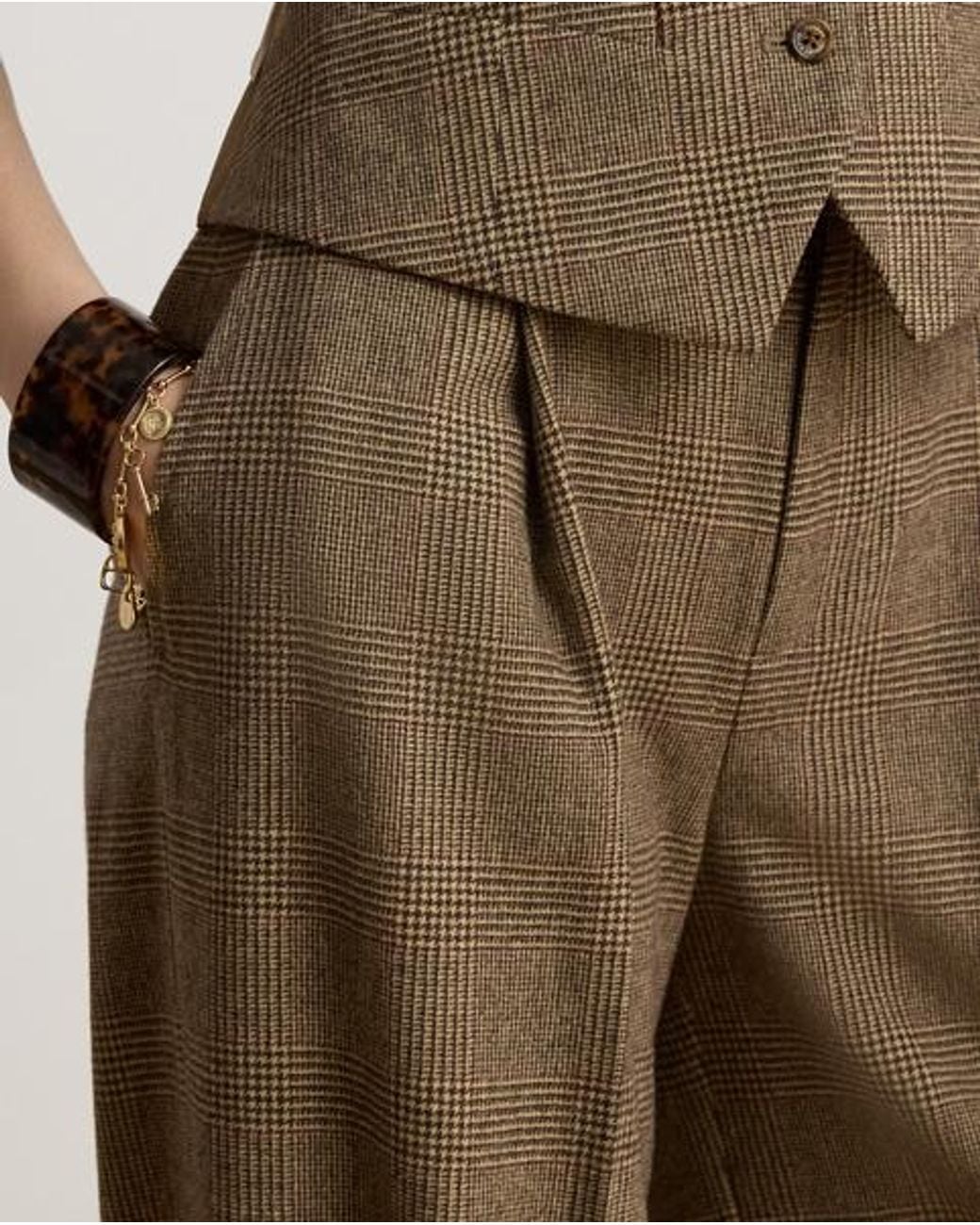 Ralph Lauren Brown Glen Plaid Brushed Wool Wide-Leg Trouser