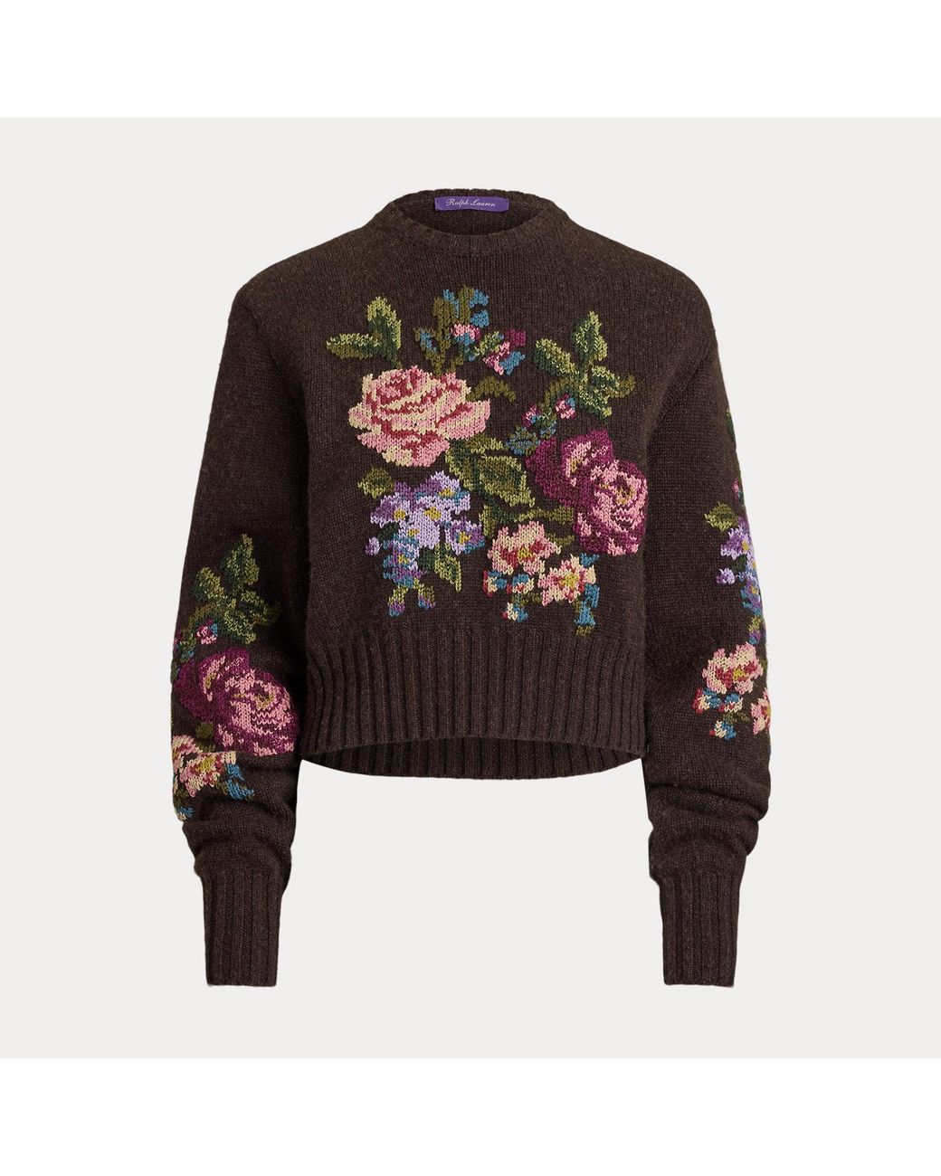 Ralph Lauren Brown Floral Cashmere Crewneck Sweater