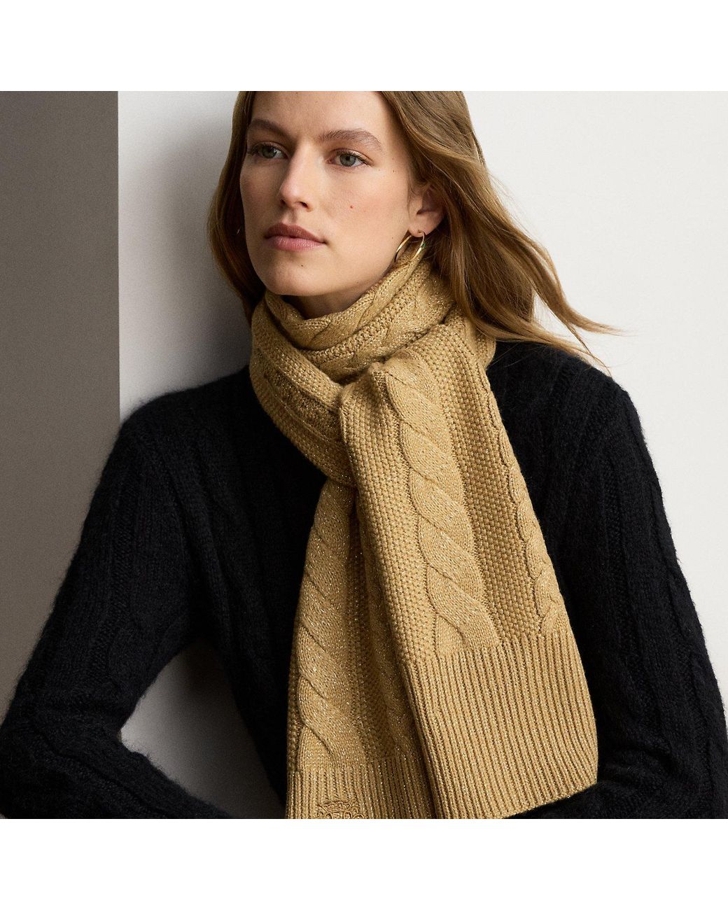Ralph Lauren Brown Embroidered-Crest Metallic Cable Scarf