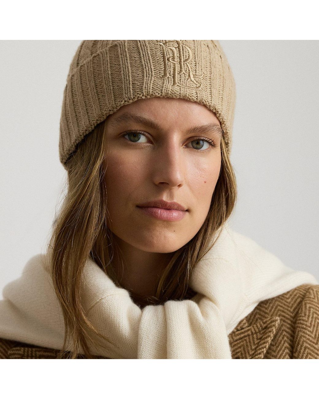 Ralph Lauren Natural Embroidered-Logo Cable-Knit Beanie