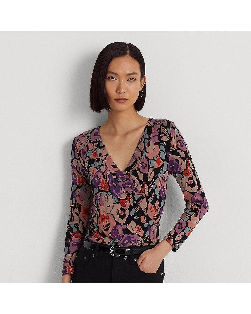 Lauren by Ralph Lauren Floral Surplice Jersey Top in Black Lyst