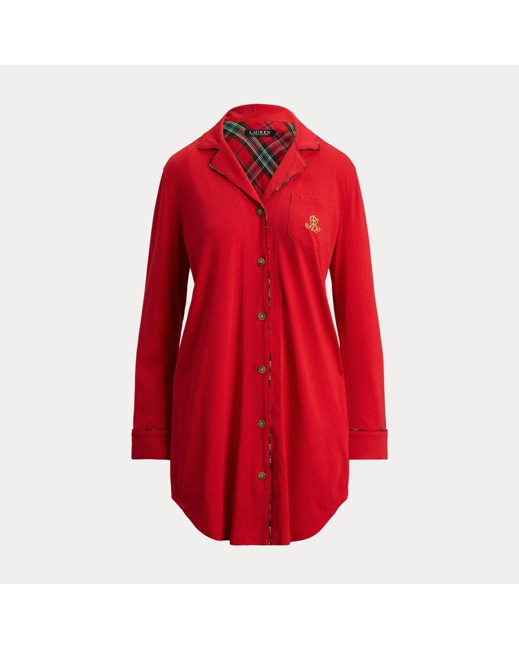 Ralph Lauren Red Plaid-Trim Jersey Sleep Shirt