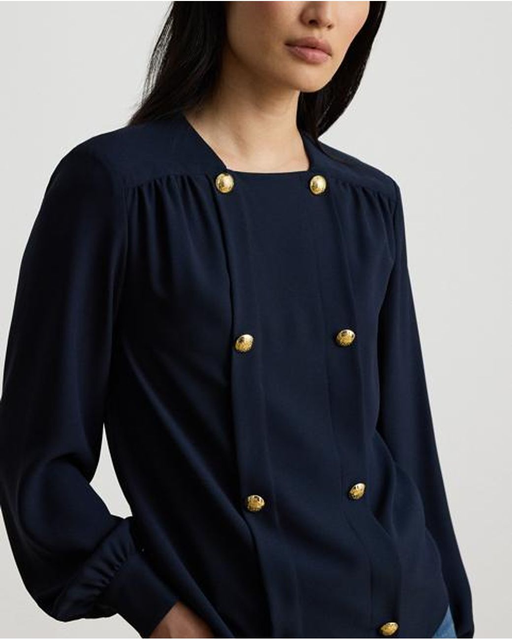 Ralph Lauren Blue Double-Breasted Georgette Blouse