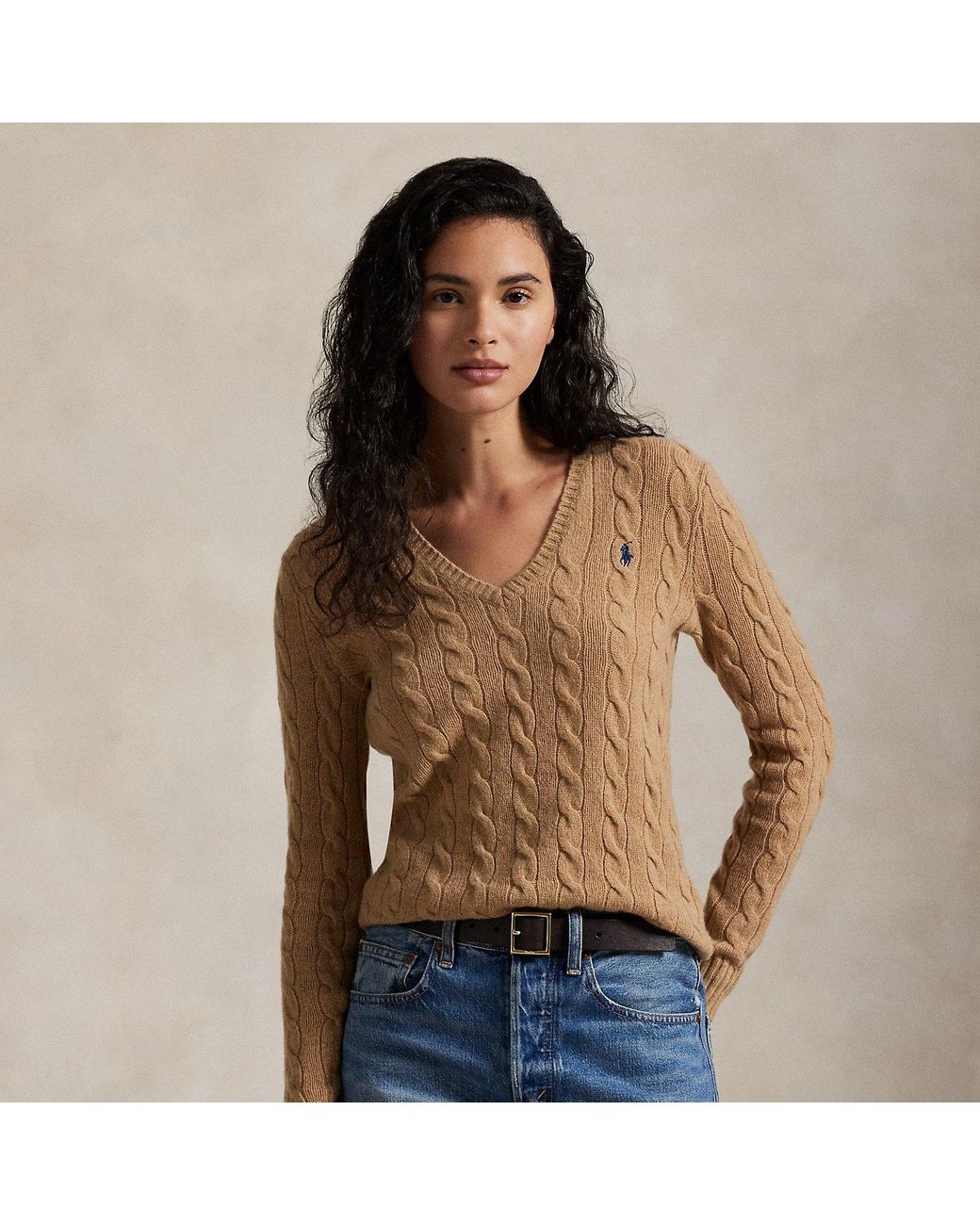 Polo Ralph Lauren Brown Cable-Knit Wool-Cashmere V-Neck Sweater