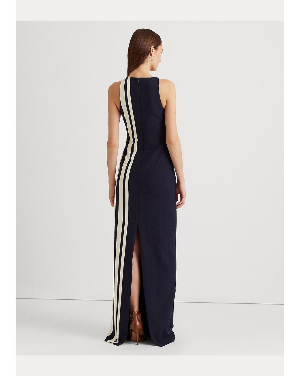 Ralph Lauren Striped Crepe Sleeveless Gown in French Navy (Blue 