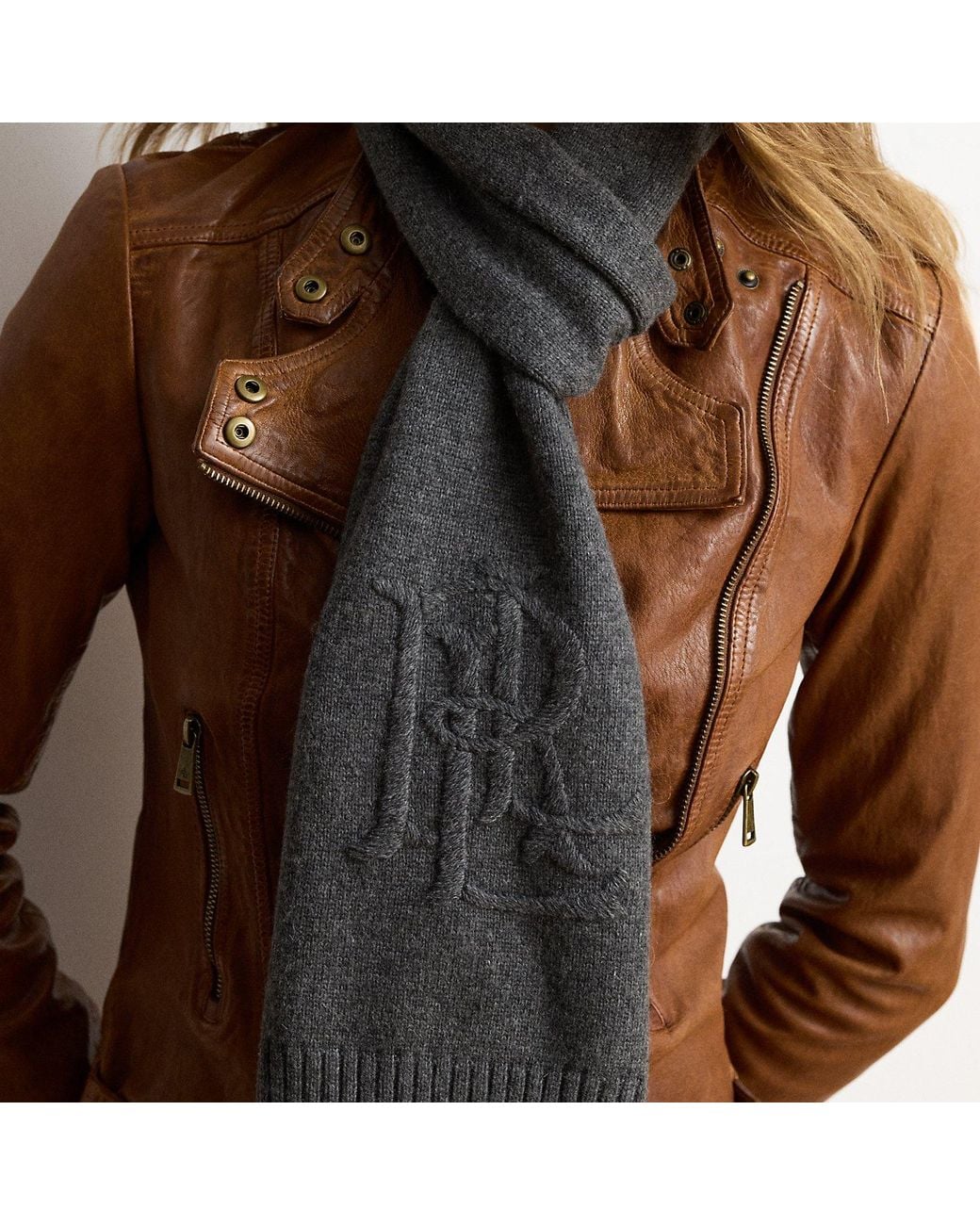 Ralph Lauren Brown Embroidered-Logo Knit Scarf