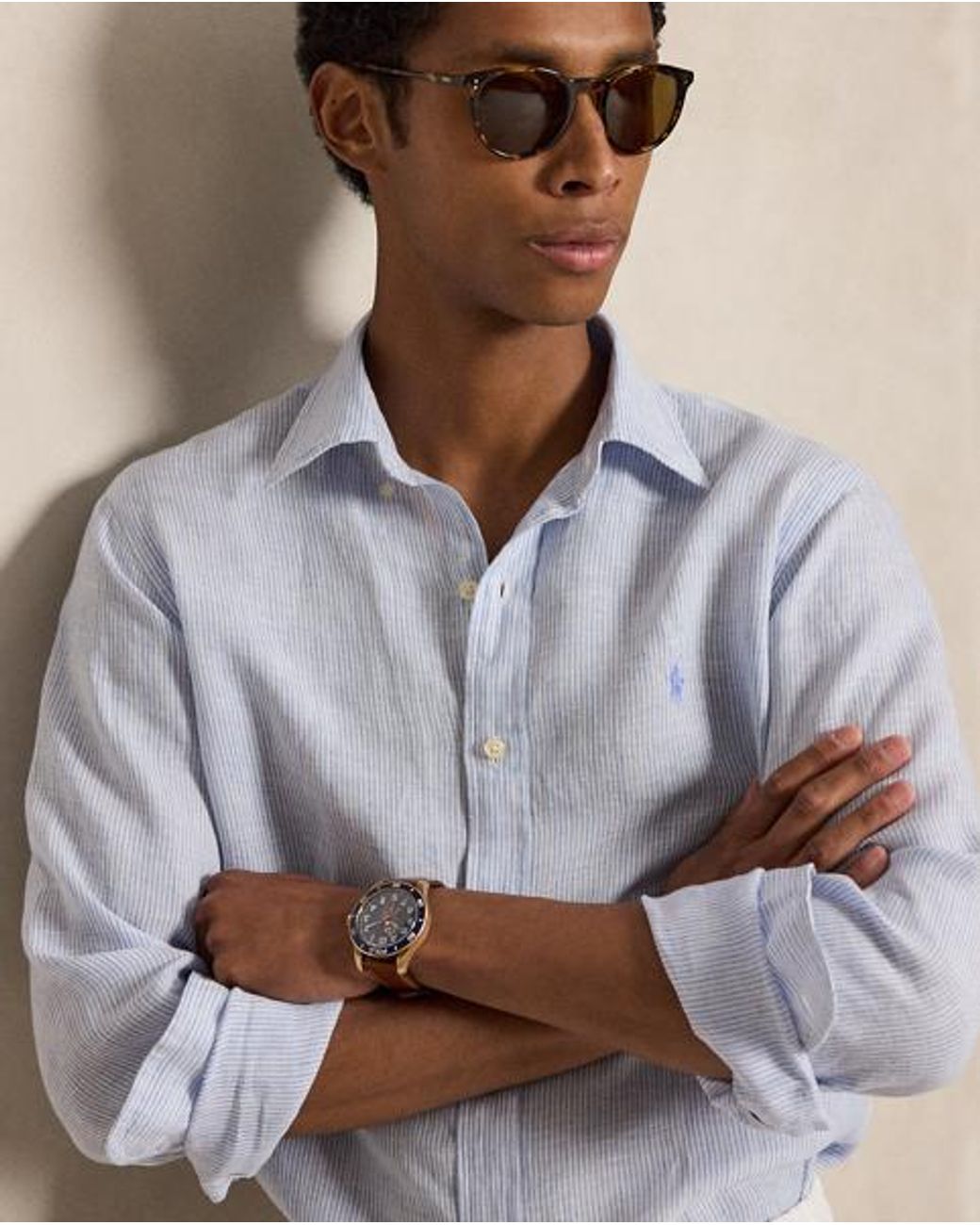 Polo Ralph Lauren Blue Custom Fit Striped Linen Shirt for men