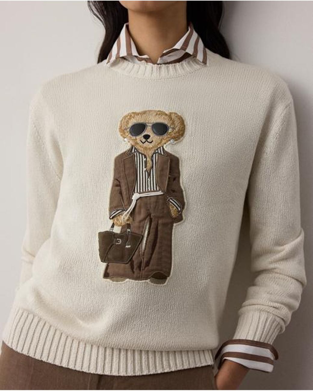 Ralph Lauren Gray Summer Polo Bear Silk Crewneck Jumper