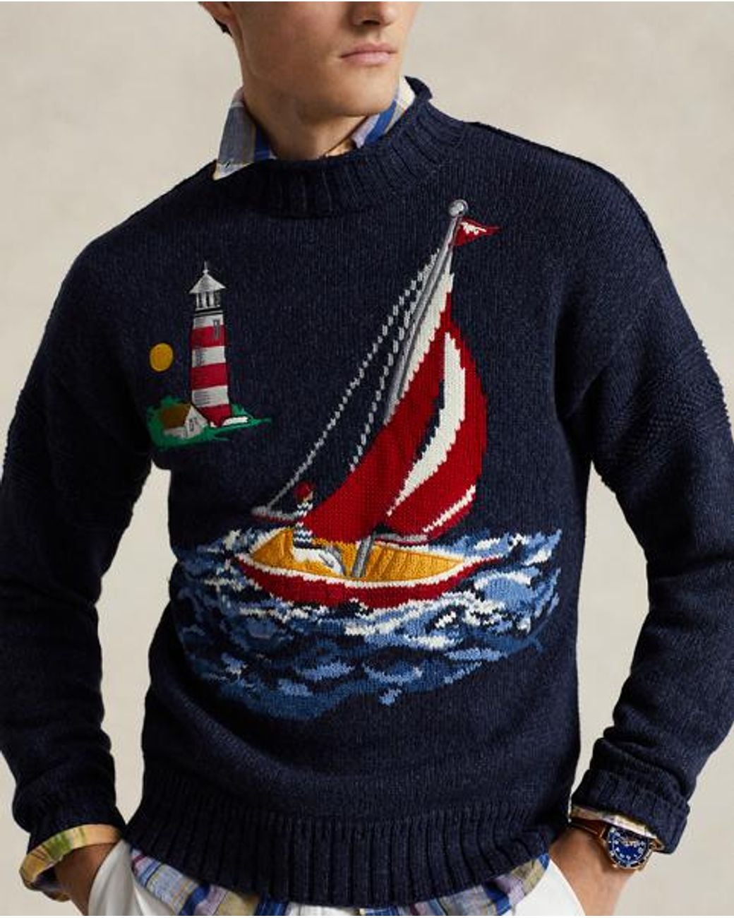 Pull Tricoté Vintage Nautica Motif Voilier - Taille XL Bleu - Occasion Très Bon état