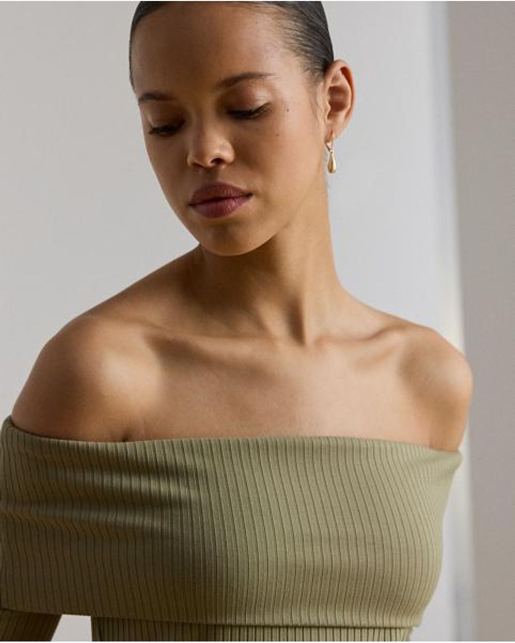 Ralph Lauren Green Rib-Knit Off-The-Shoulder Top