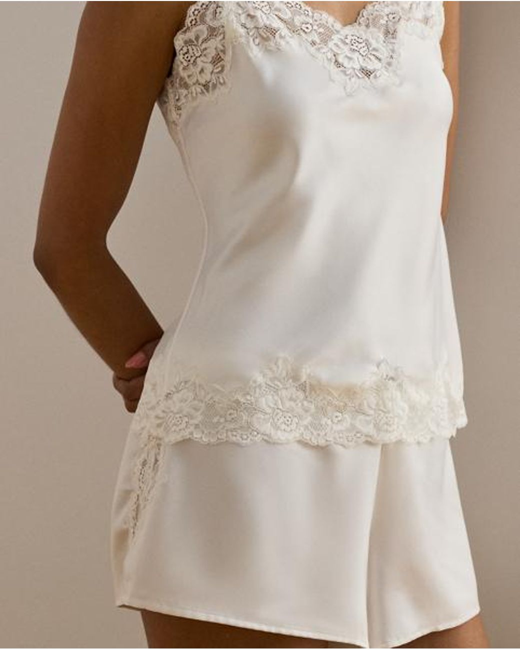 Ralph Lauren White Lace-Trim Satin Camisole Sleep Set