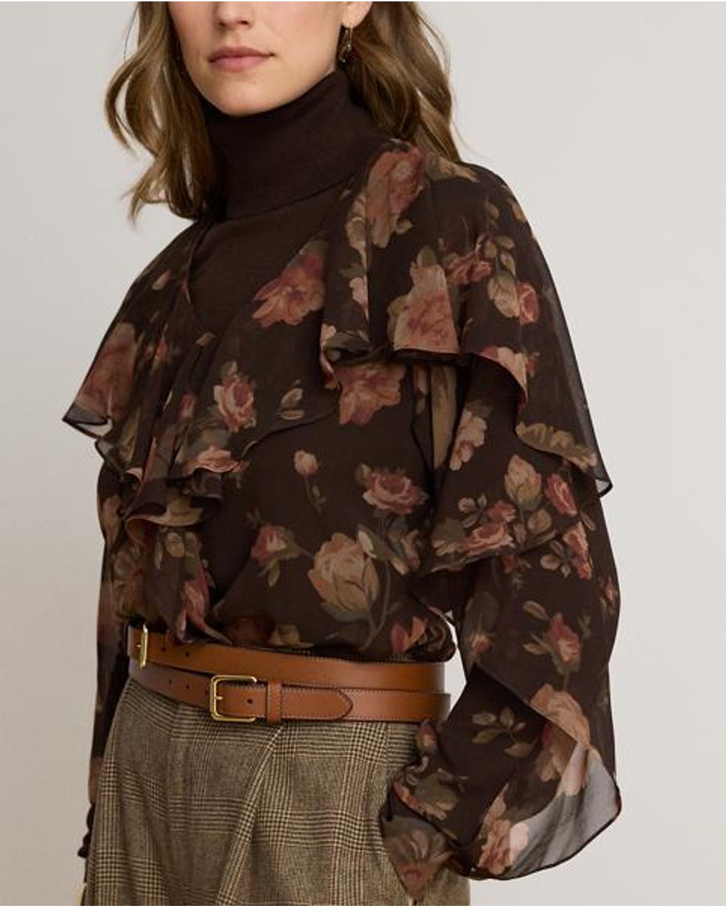 Ralph Lauren Brown Floral Ruffle-Trim Chiffon V-Neck Blouse