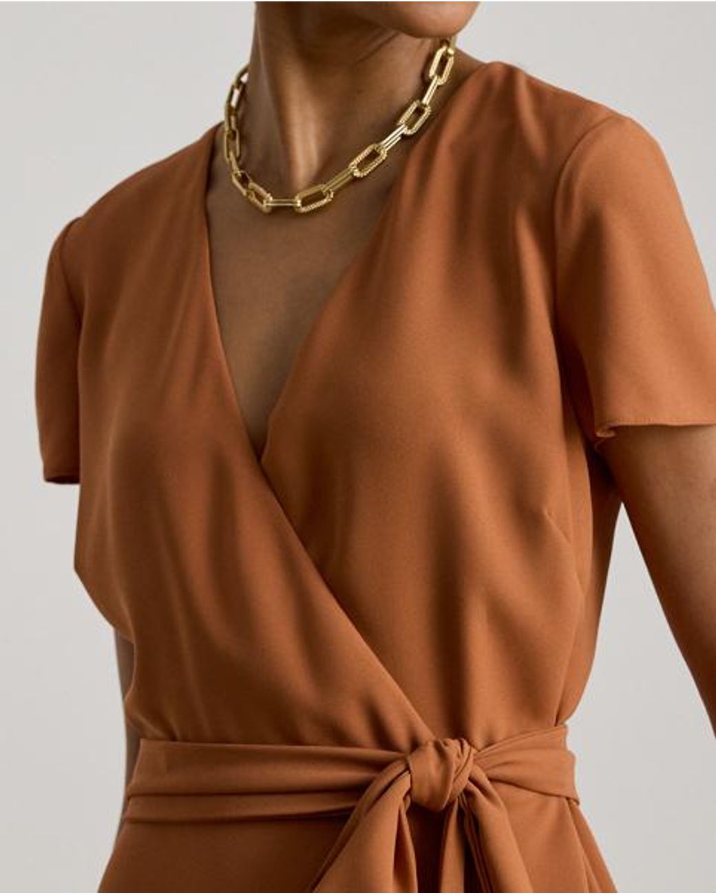 Ralph Lauren Brown Belted Georgette Surplice Dress