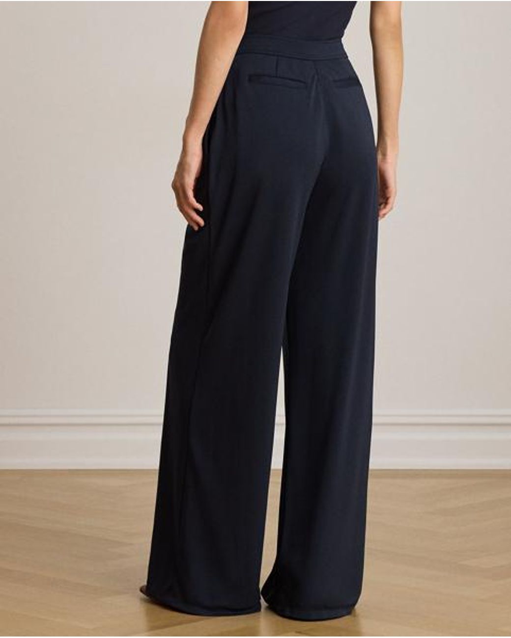 Ralph Lauren Blue Pleated Stretch Jersey Wide-Leg Trousers