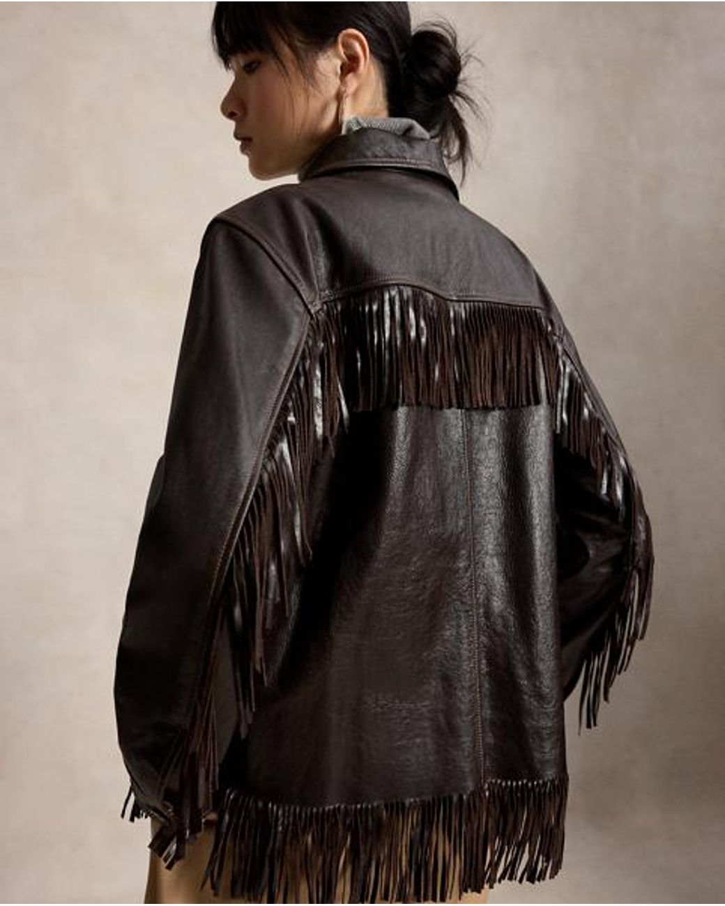 Polo Ralph Lauren Black Fringe-Trim Leather Jacket