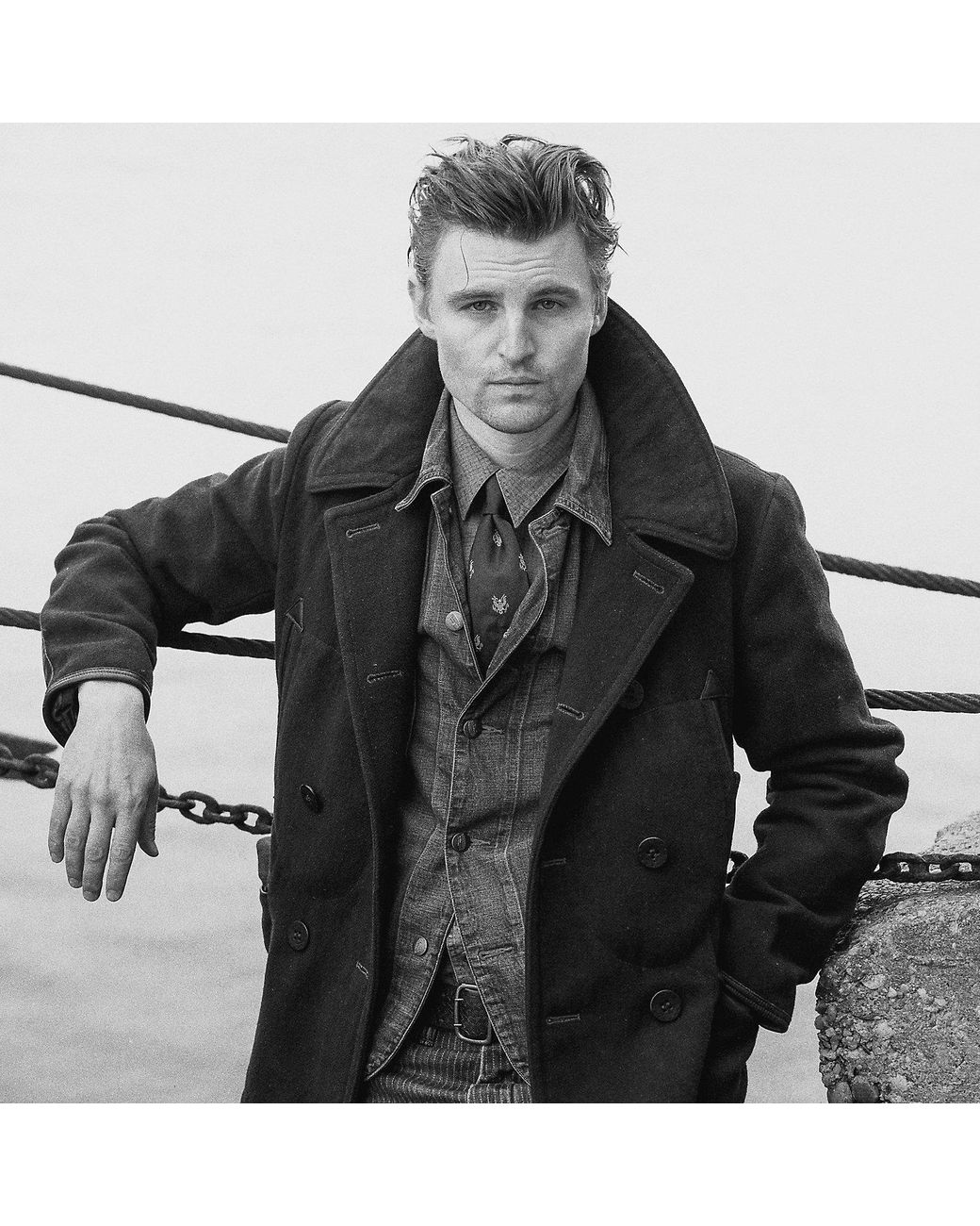 RRL Black Leather-Trim Wool-Blend Peacoat for men