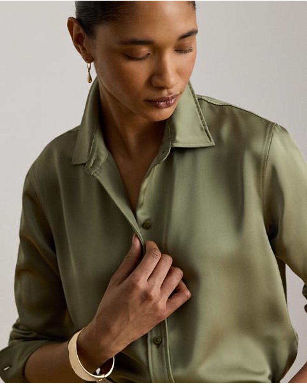 Ralph Lauren Green Classic Fit Satin Charmeuse Shirt