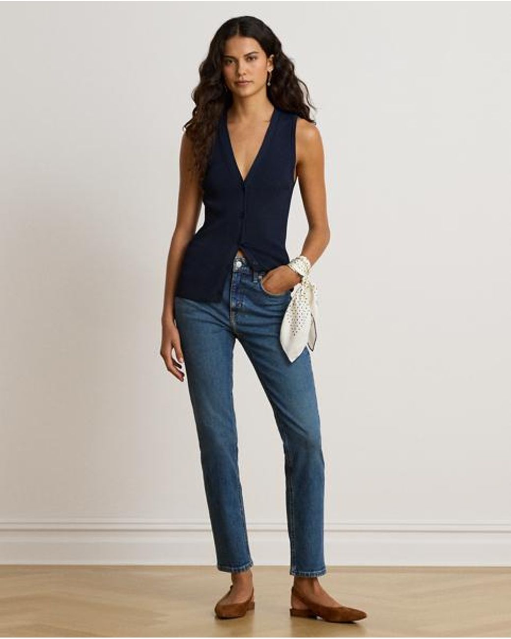 Ralph Lauren Blue Rib-Knit V-Neck Sleeveless Cardigan