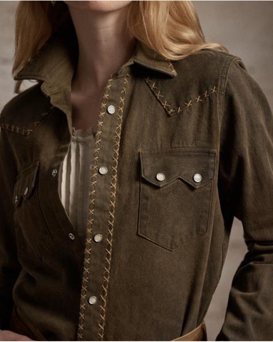 RRL Brown Washed Denim Western Shirt