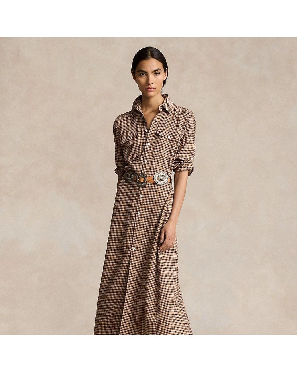 Polo Ralph Lauren Belted Plaid Cotton-Blend Dress in Brown | Lyst UK