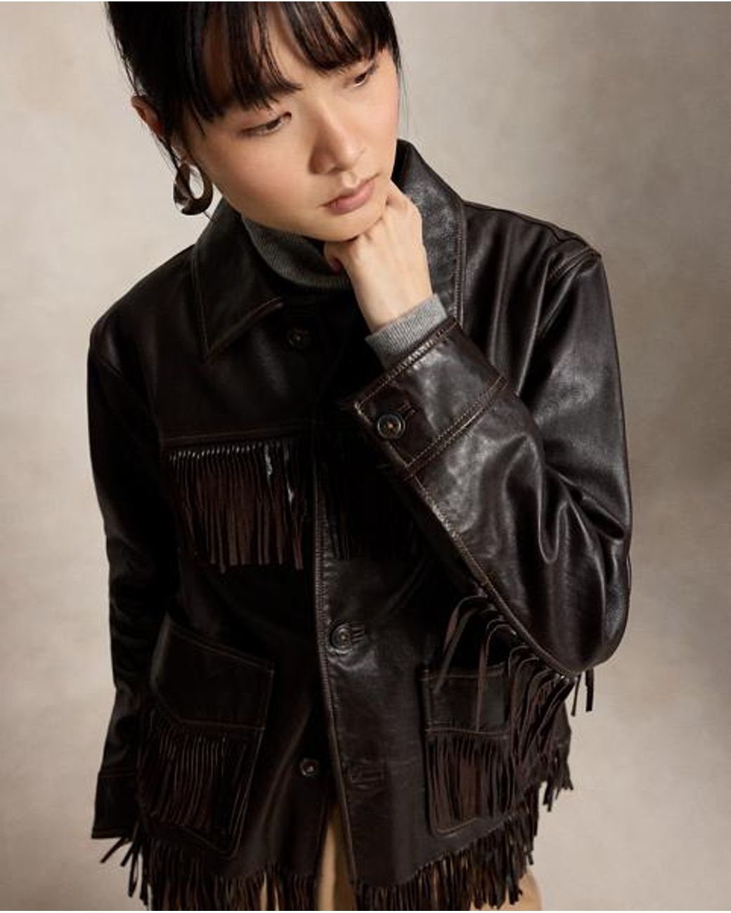Polo Ralph Lauren Black Fringe-Trim Leather Jacket