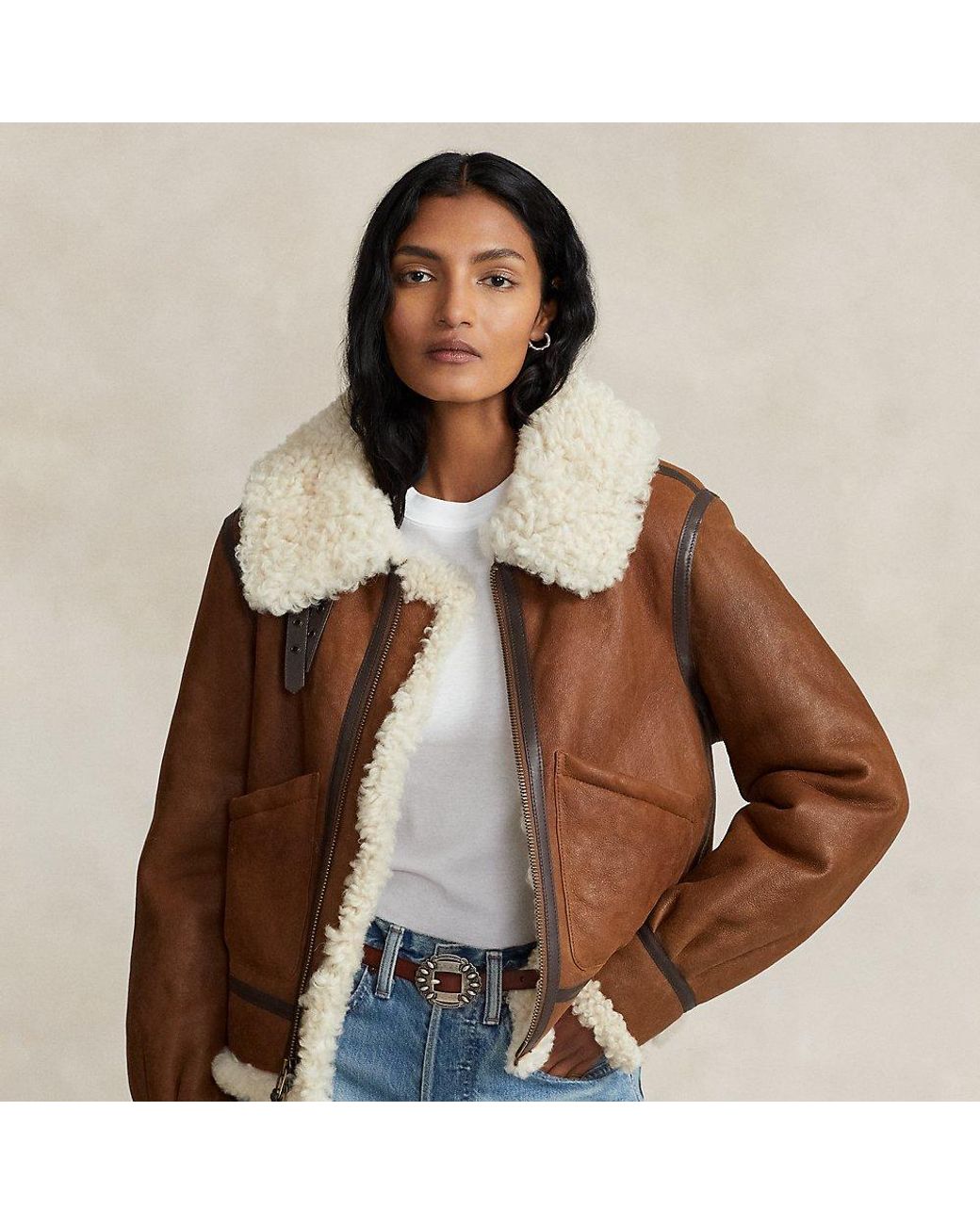 Ralph Lauren Leather-trim Shearling Aviator Jacket in Brown | Lyst