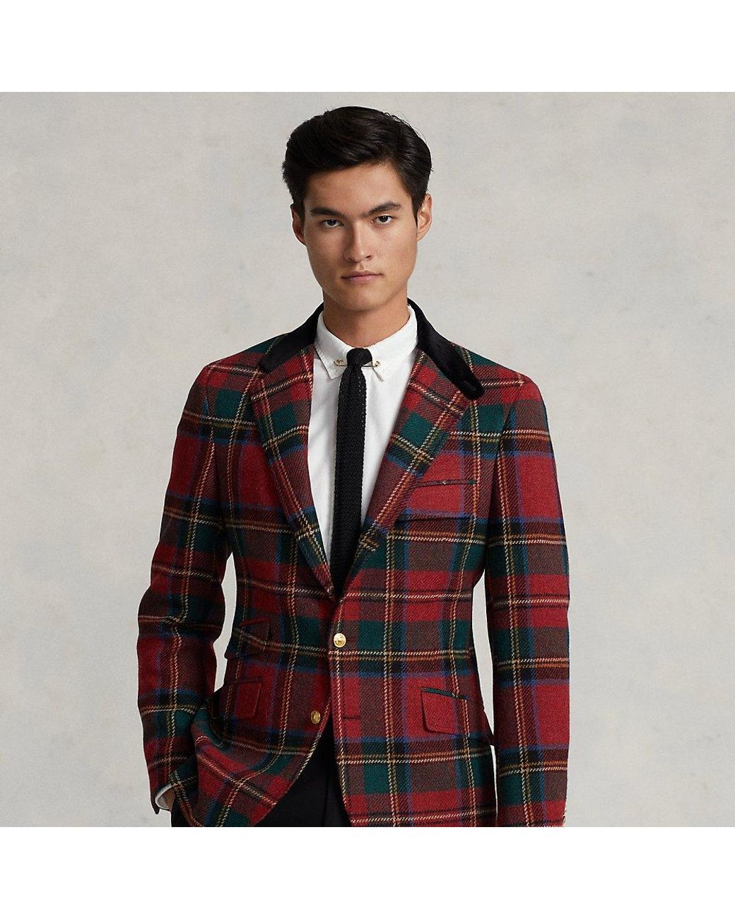 Ralph Lauren Velvet-collar Plaid Wool Jacket in Red for Men | Lyst