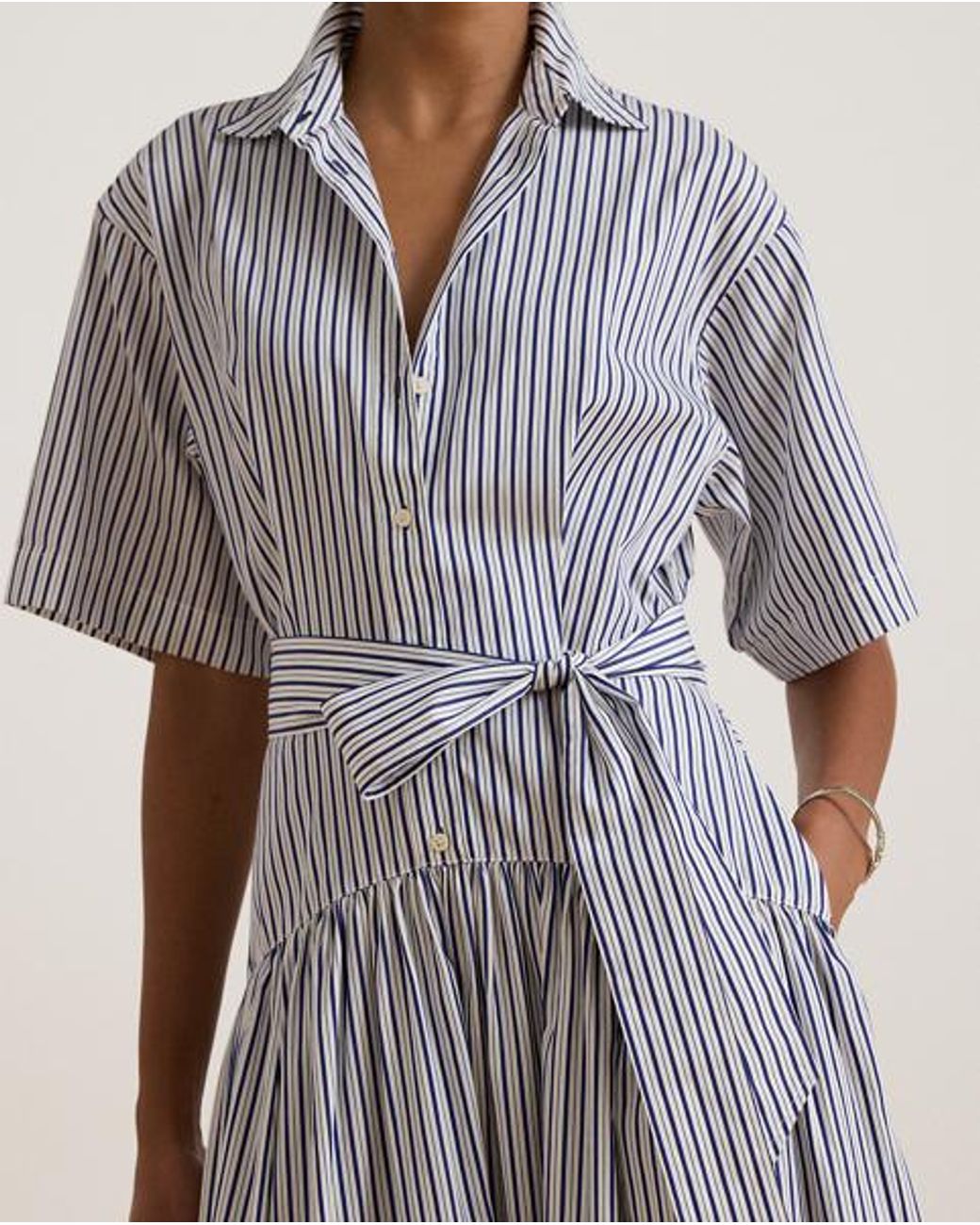 Ralph Lauren Blue Striped Belted Broadcloth Shirtdress