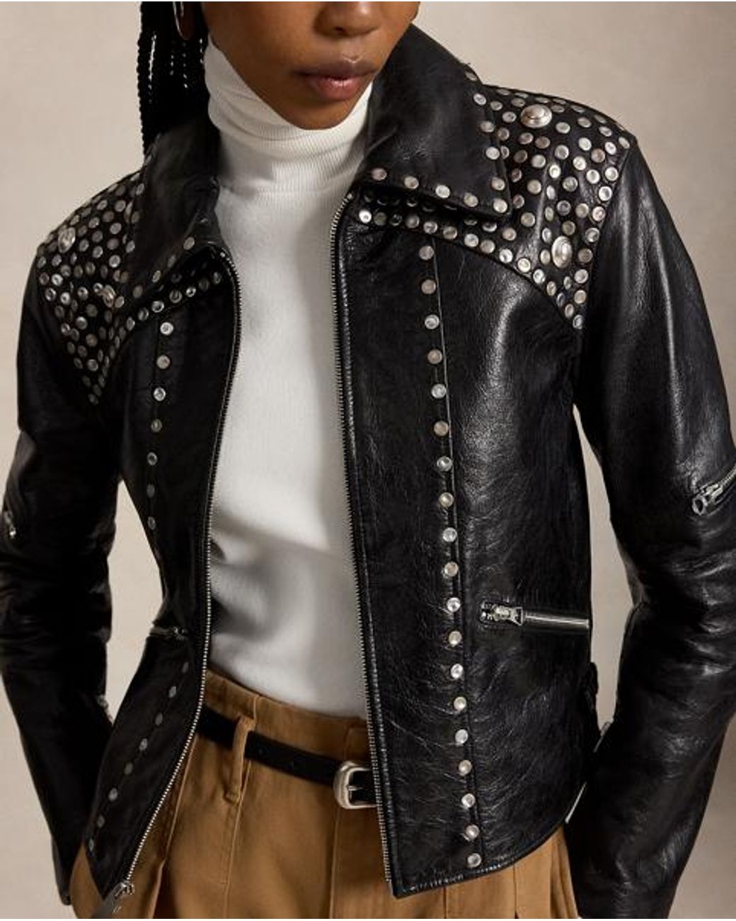 Polo Ralph Lauren Black Studded Leather Moto Jacket
