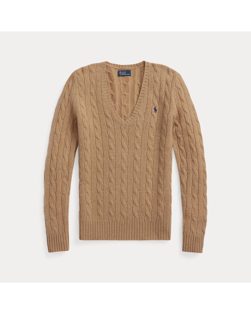 Polo Ralph Lauren Brown Cable-Knit Wool-Cashmere V-Neck Sweater