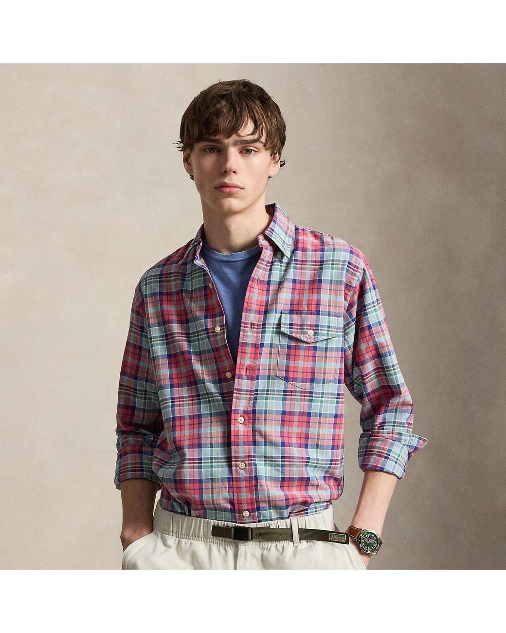 Polo Ralph Lauren Blue Custom Fit Plaid Oxford Shirt for men