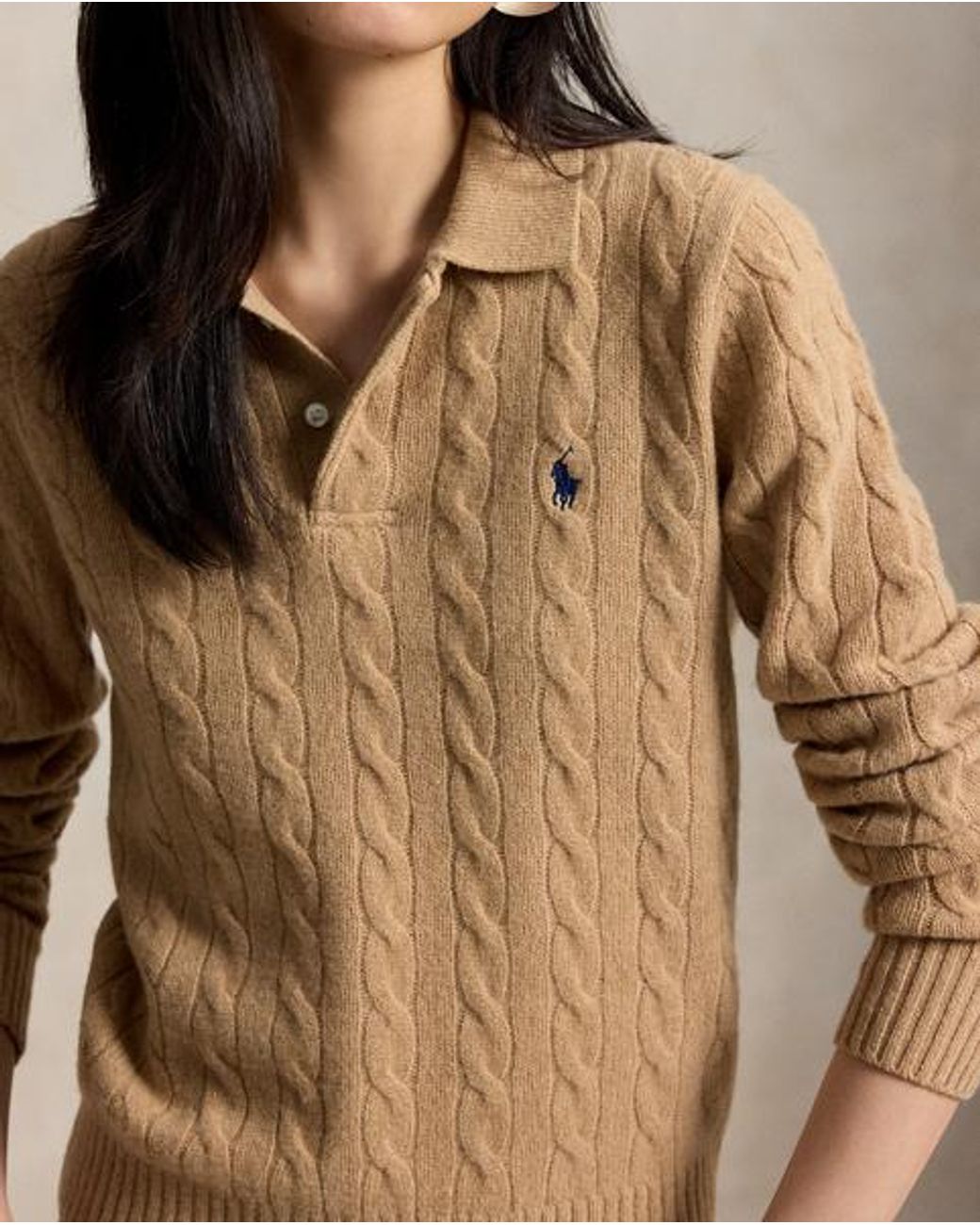 Polo Ralph Lauren Brown Cable-Knit Wool-Cashmere Polo Jumper