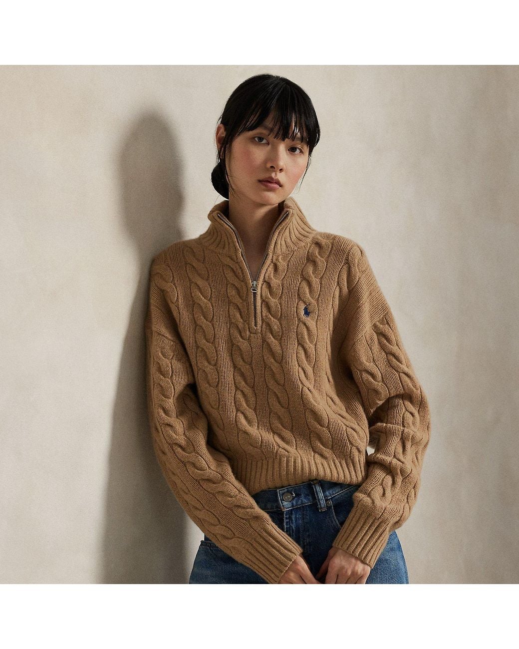 Polo Ralph Lauren Brown Cable Wool-Cashmere Half-Zip Sweater