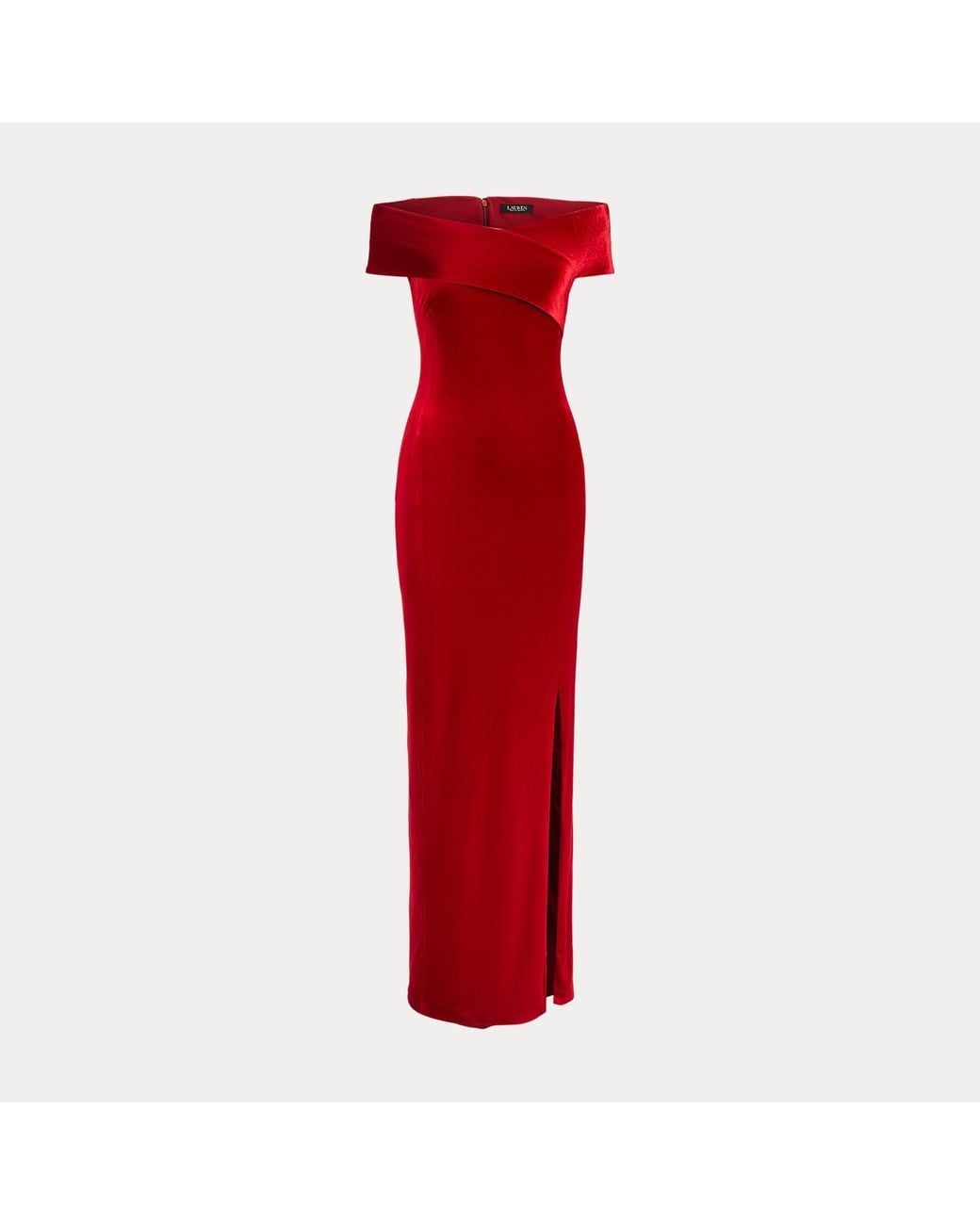 Ralph Lauren Red Stretch Velvet Off-The-Shoulder Gown