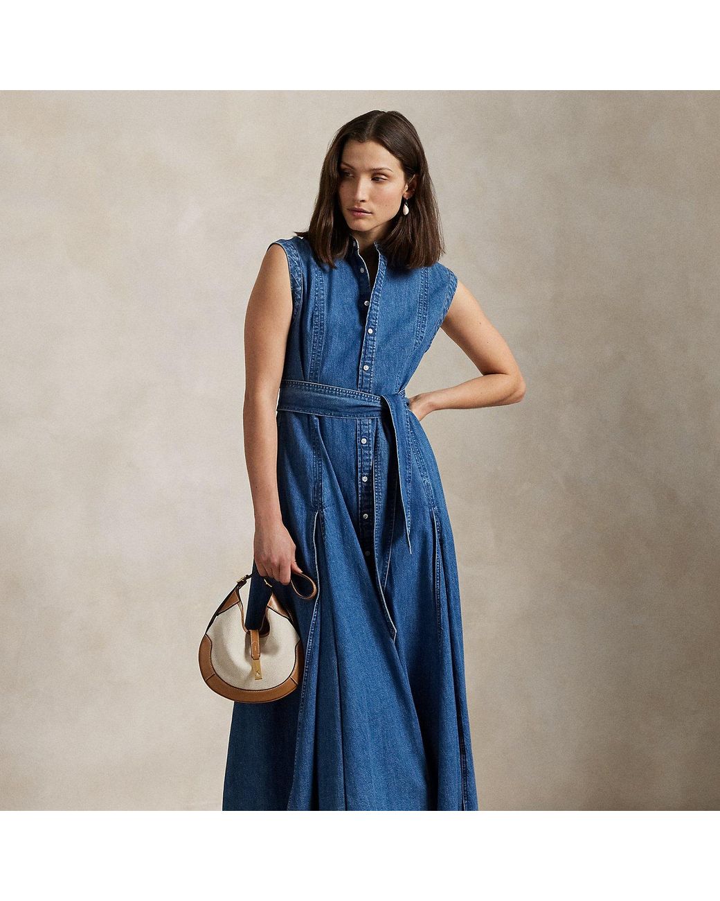 Ralph Lauren Belted Denim Sleeveless A-Line Dress in Blue