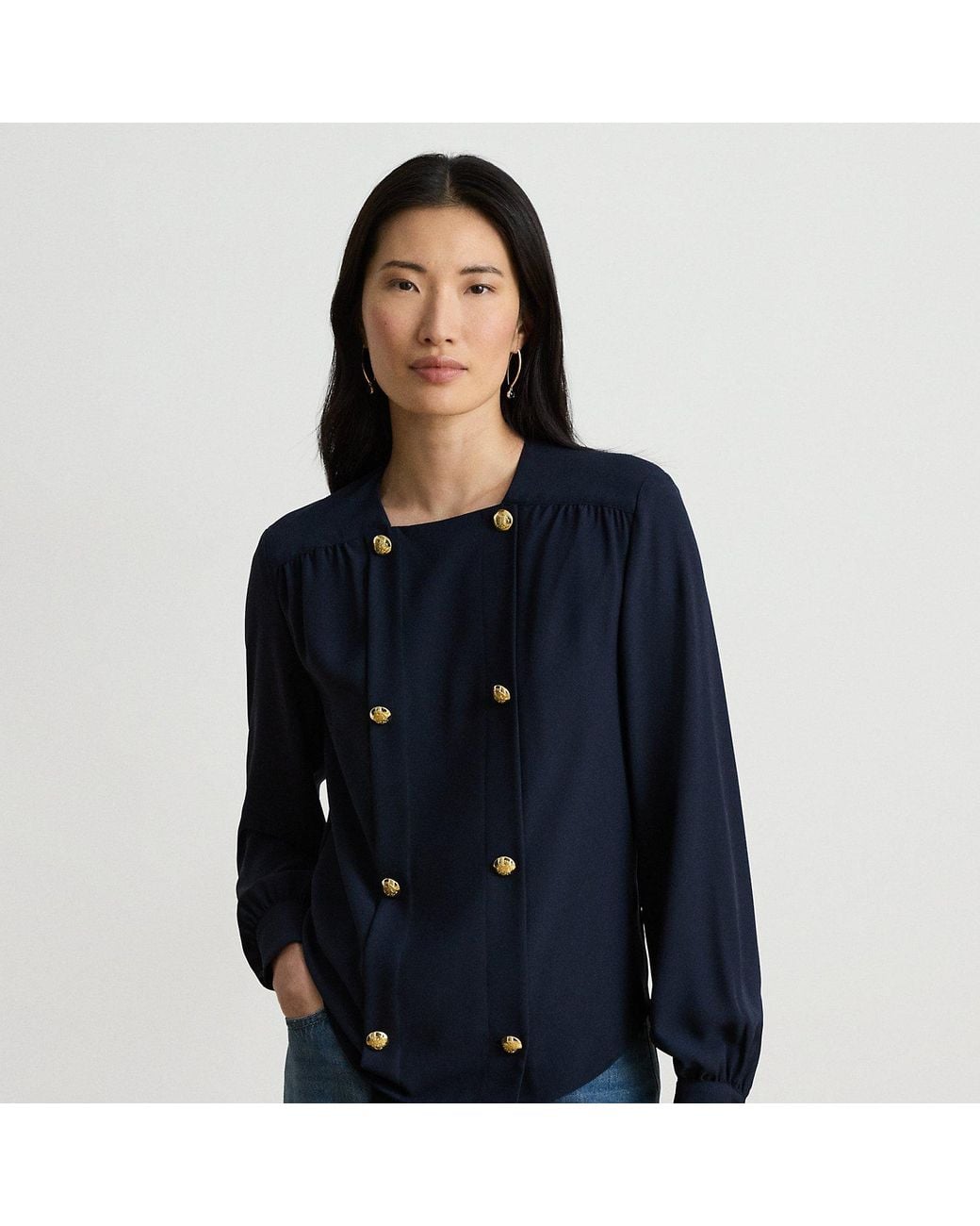 Ralph Lauren Blue Double-Breasted Georgette Blouse
