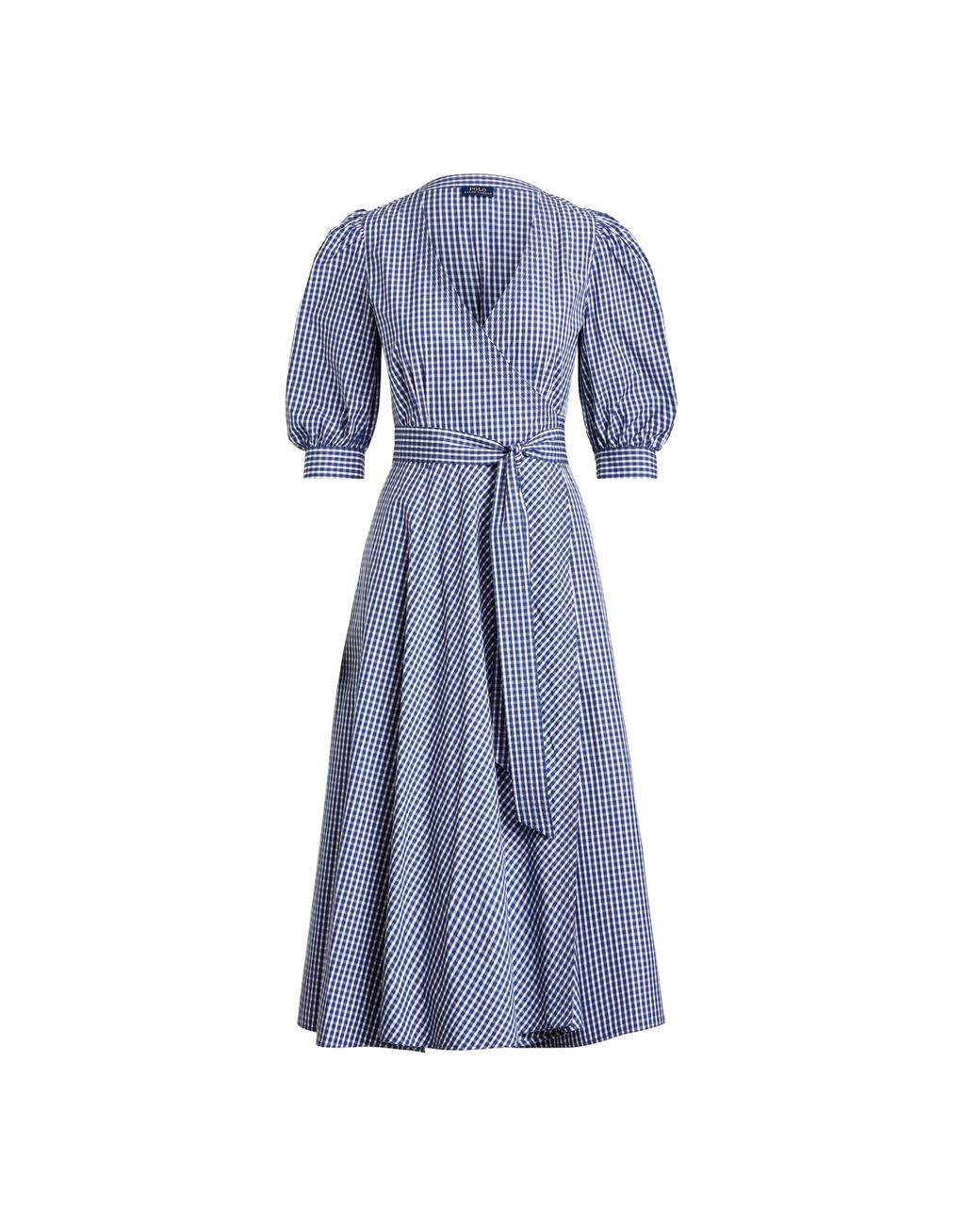 Blue gingham wrap dress online