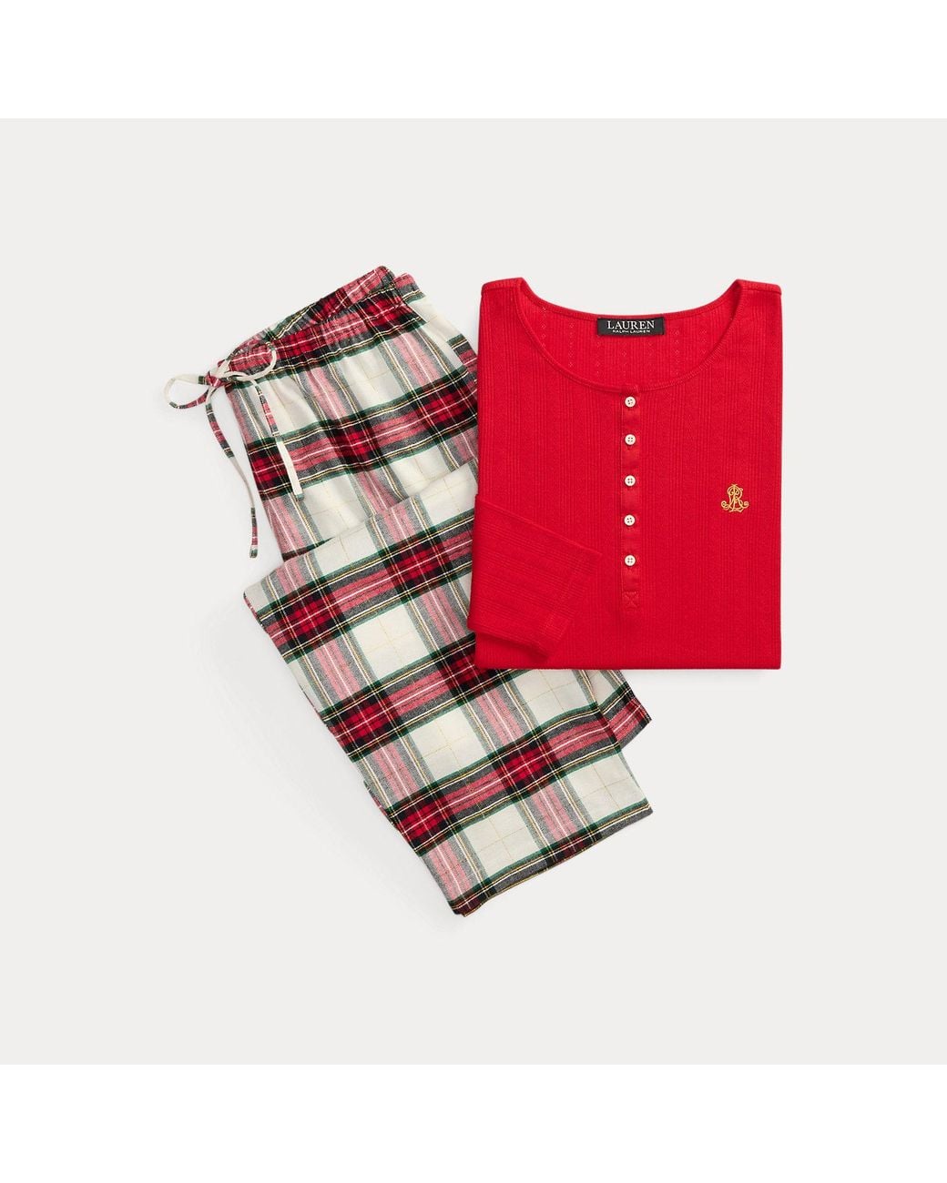 Ralph Lauren Red Plaid Cotton-Blend Henley Pyjama Set