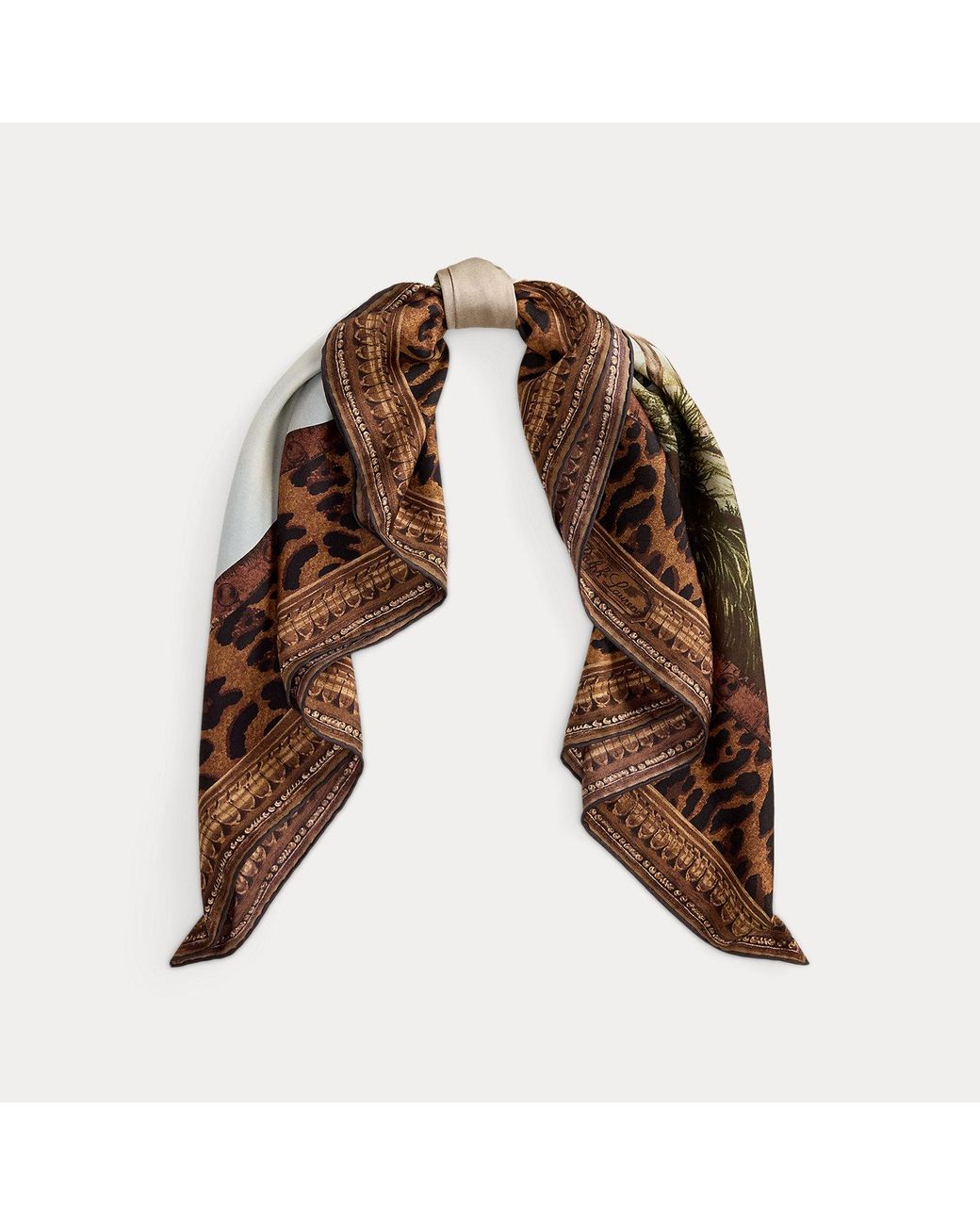 Ralph Lauren Brown Scenic-Print Silk Twill Square Scarf