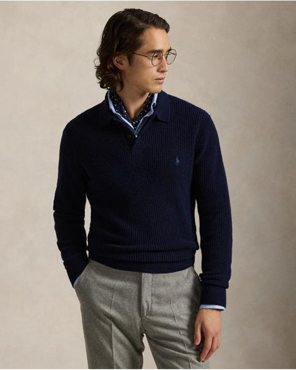 Polo Ralph Lauren Blue Textured Wool-Cotton Polo-Collar Jumper for men