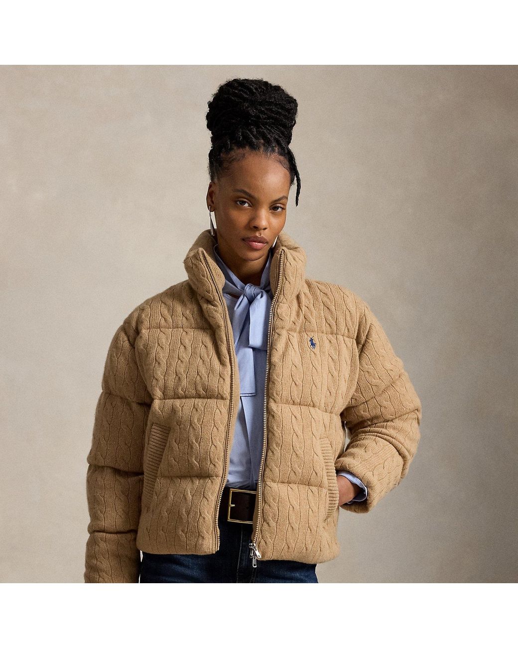Polo Ralph Lauren Brown Cable Wool-Cashmere Puffer Jacket