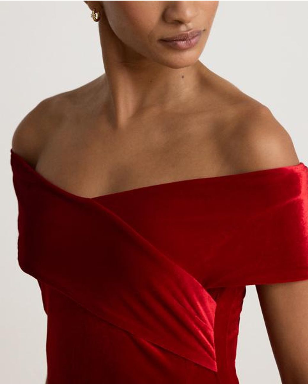 Ralph Lauren Red Stretch Velvet Off-The-Shoulder Gown