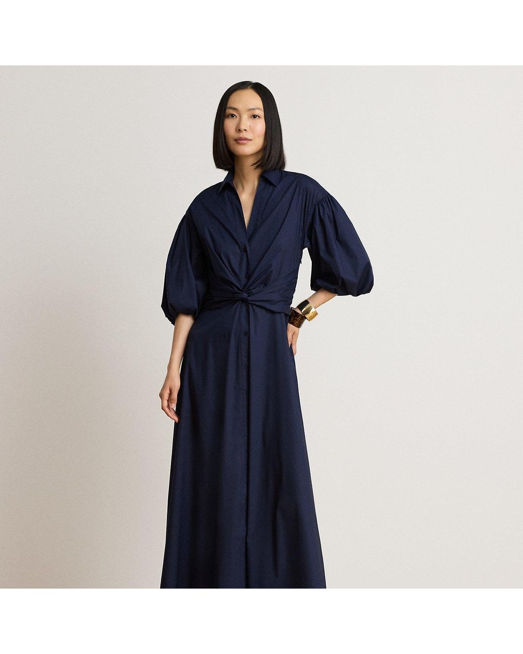 Ralph Lauren Blue Twist-Front Bubble-Sleeve Shirtdress