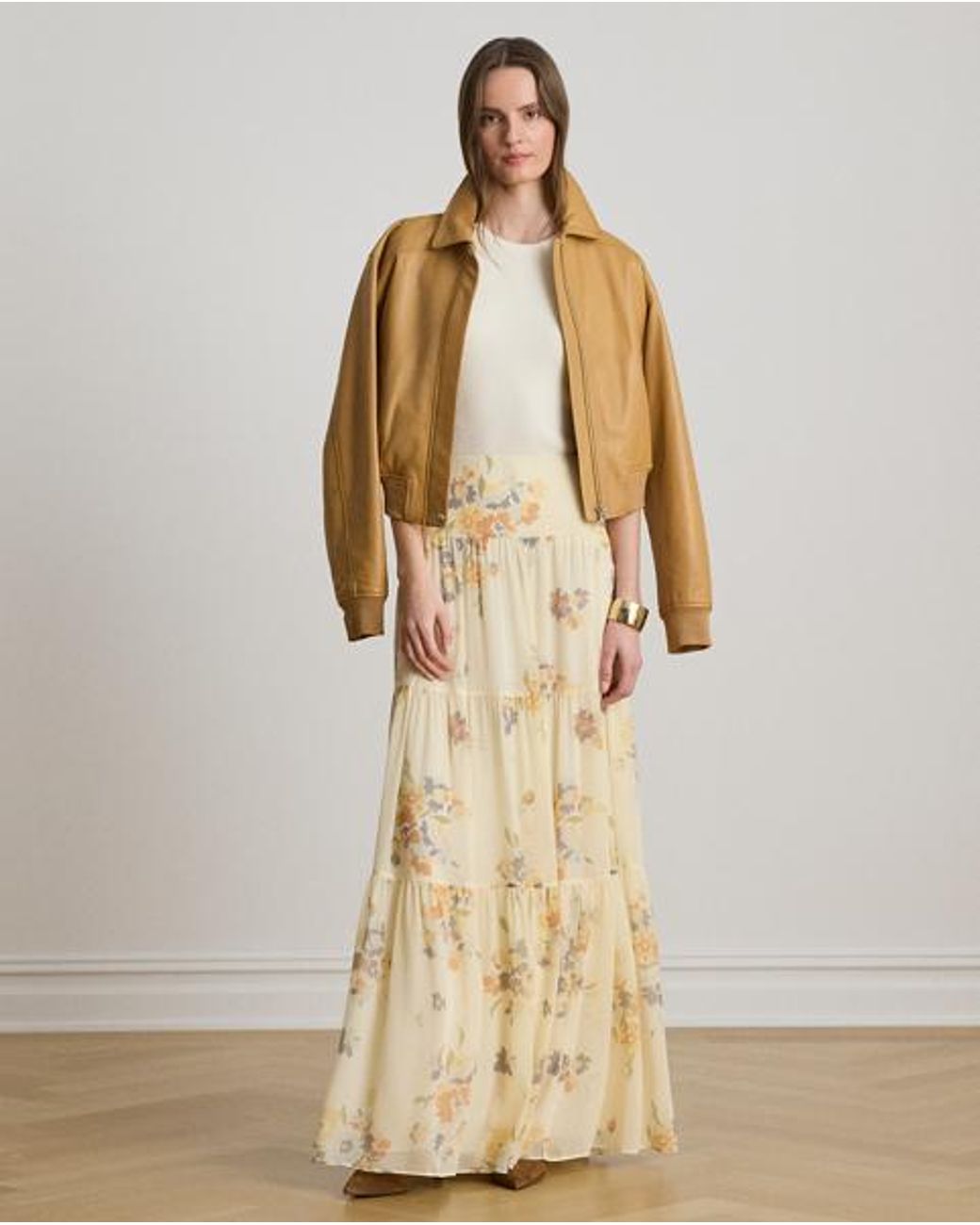 Ralph Lauren Metallic Floral Georgette Tiered Maxiskirt