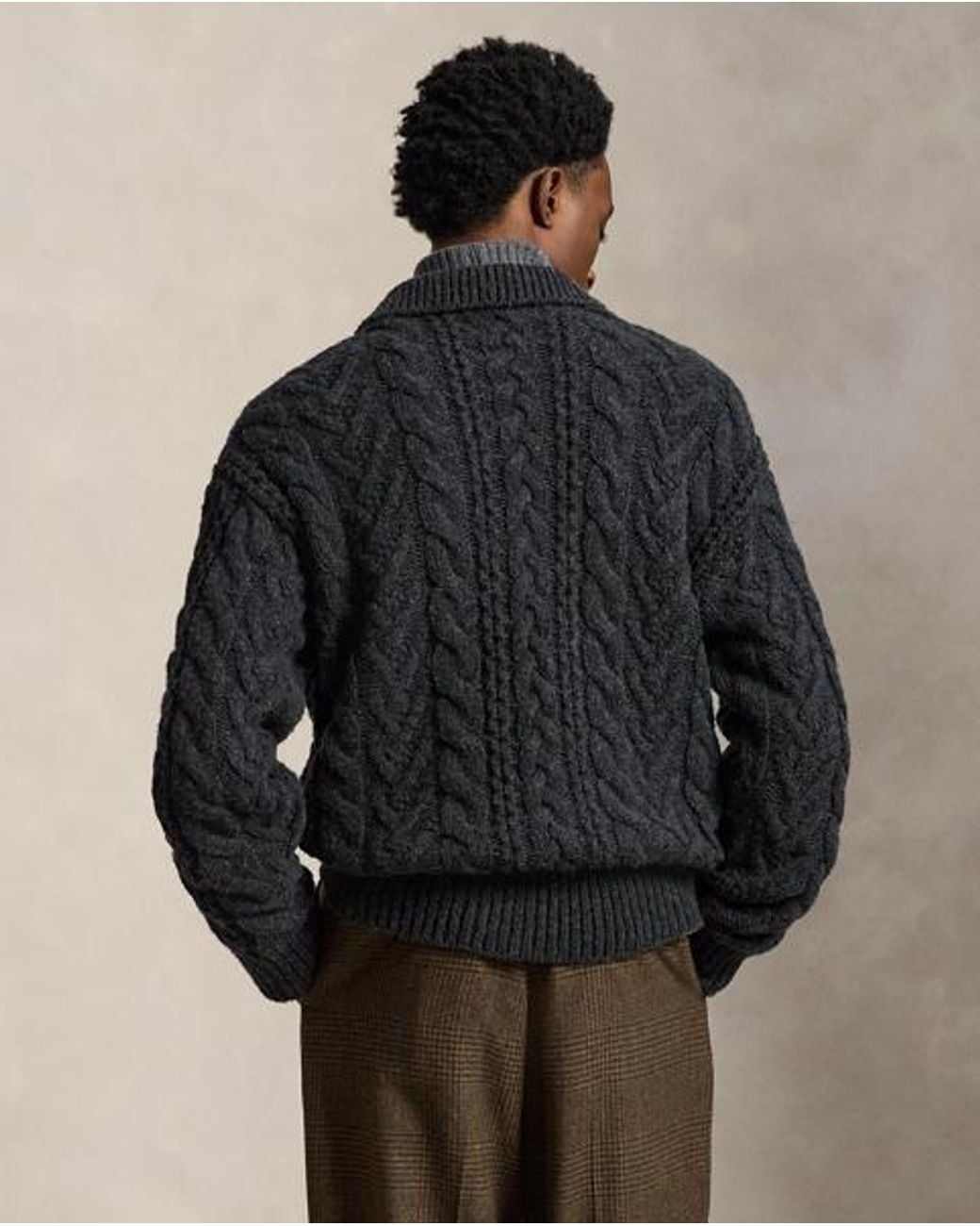 Polo Ralph Lauren Black Relaxed Aran-Knit Polo-Collar Jumper for men