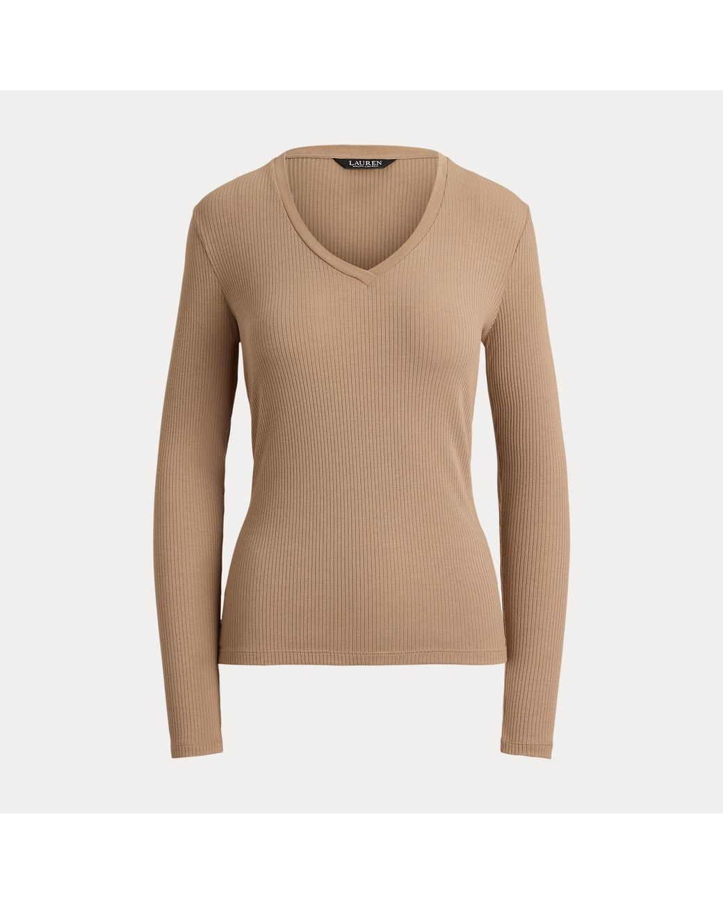 Ralph Lauren Natural Rib-Knit Long-Sleeve V-Neck Top