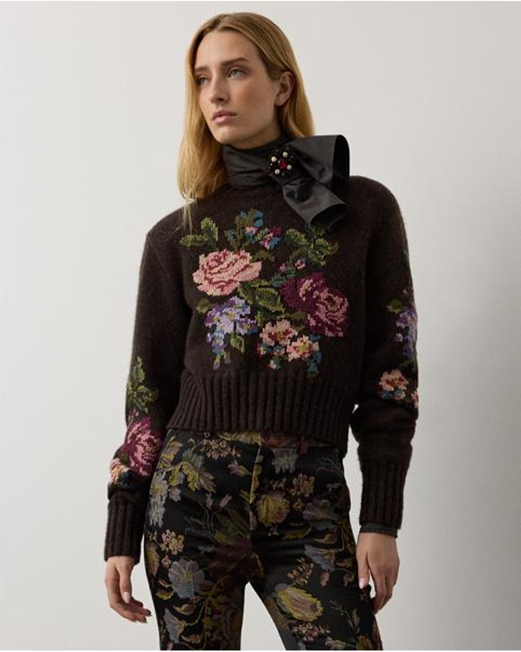 Ralph Lauren Brown Floral Cashmere Crewneck Sweater
