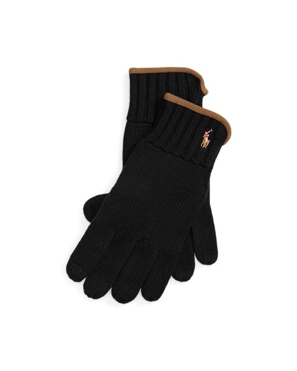 Ralph Lauren Black Suede-Trim Wool Touch-Screen Gloves for men
